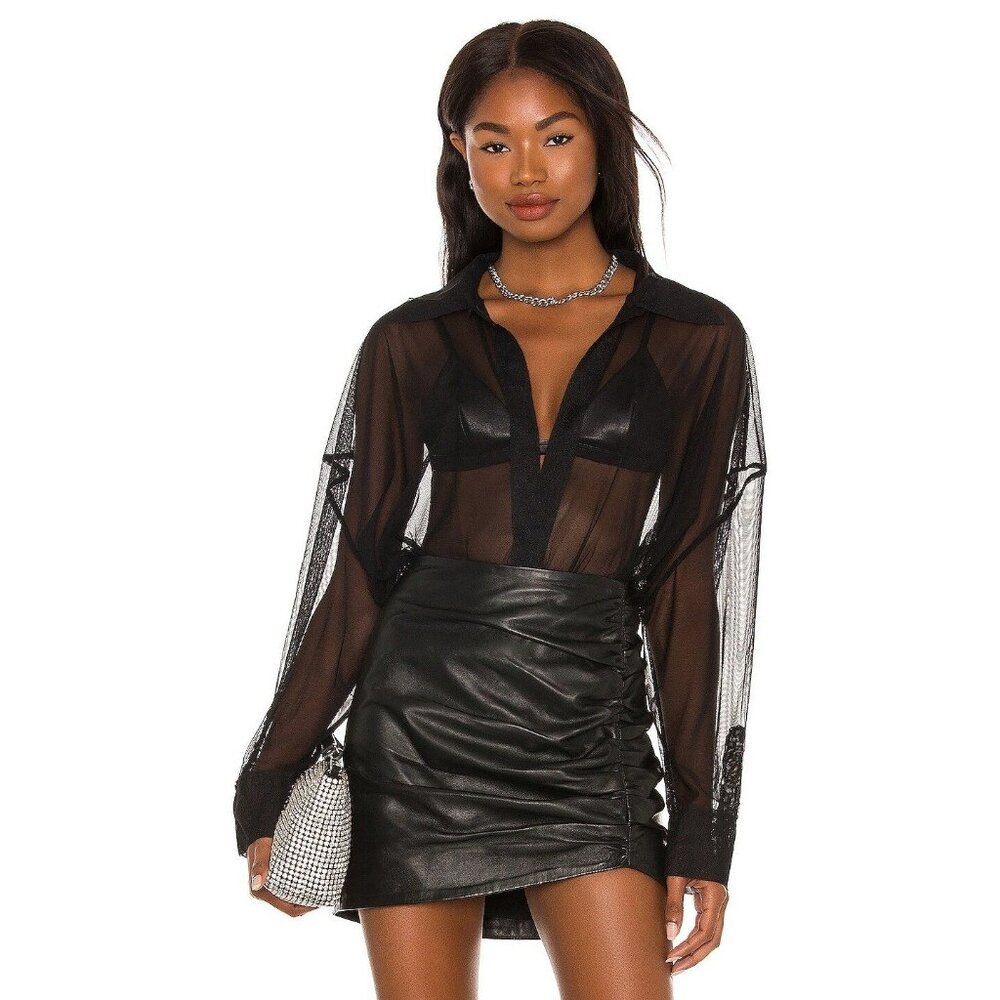 Norma Kamali Super Oversized Boyfriend Shirt Bodysuit Black Mesh Womens Size XS